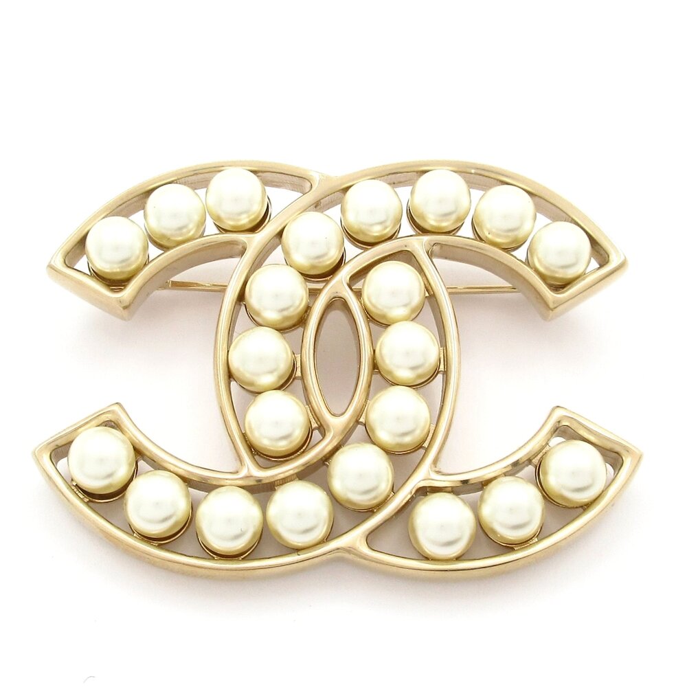 Chanel Coco Brooch Gold White Hardware Faux Pearl